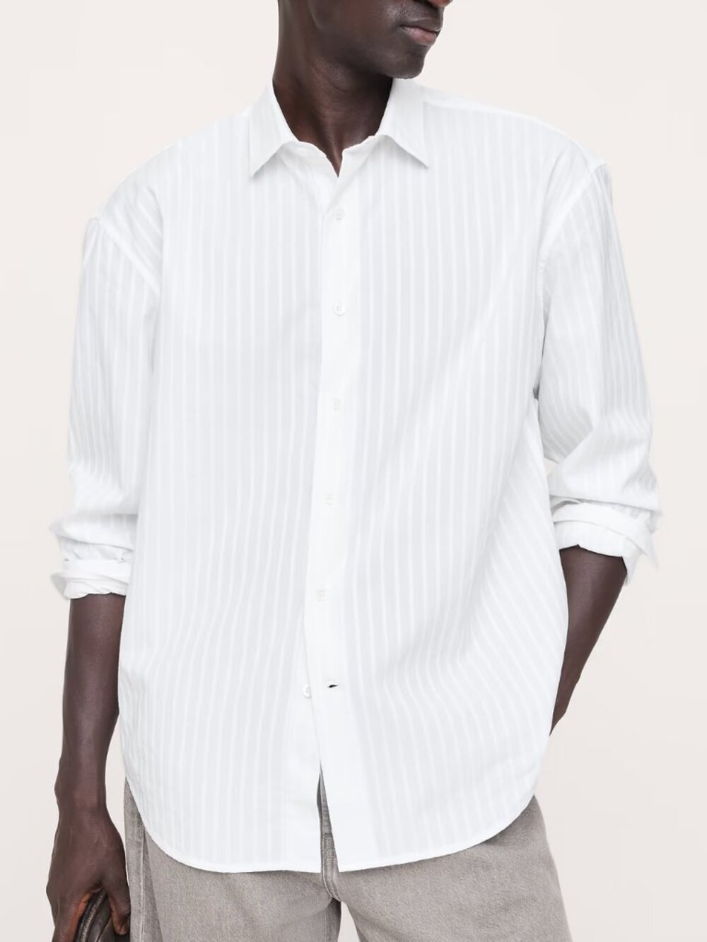 NWT Banana Republic Men's White City Relaxed-Fit Cotton Tonal Stripe Shirt XL